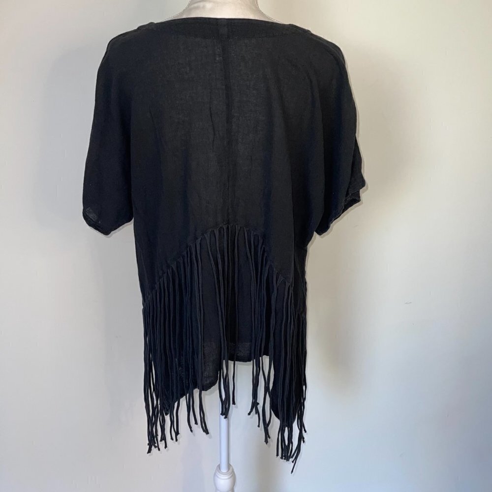 Abaca’ Tunic Womens Size 2 Black Vintage Cotton Fringe Cover Up Uneven Hemline - Picture 2 of 11